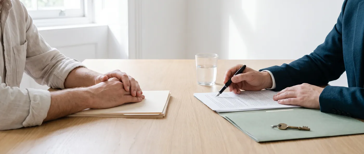 Abogado y cliente revisan un contrato sobre la mesa