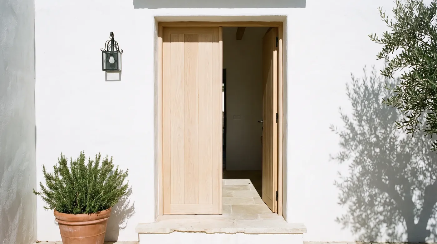 Entrada de una casa encalada con la puerta de madera abierta