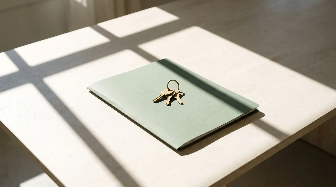 Llaves sobre una carpeta en una mesa de piedra a la luz del día