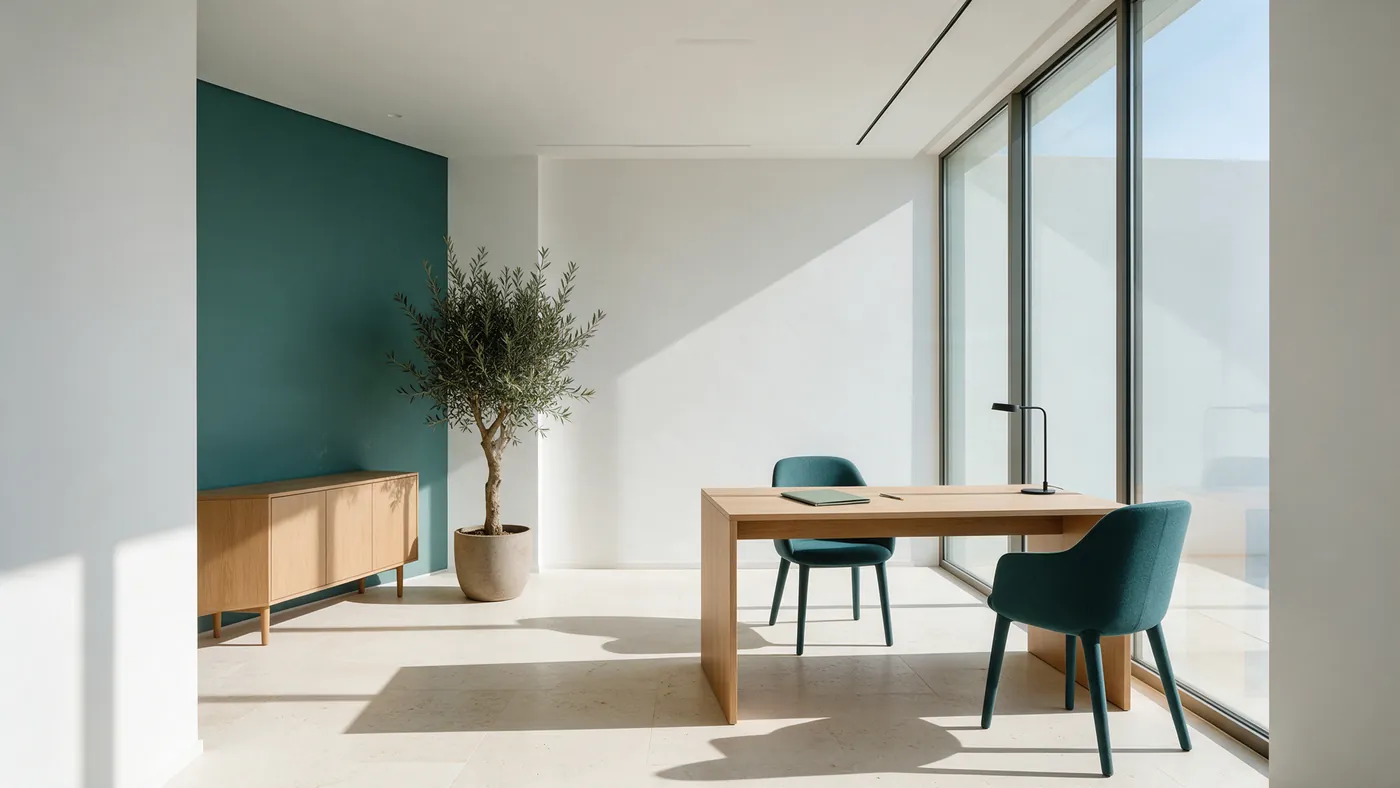 Despacho luminoso con una mesa de roble, sillas verde tinta y un olivo junto a la cristalera