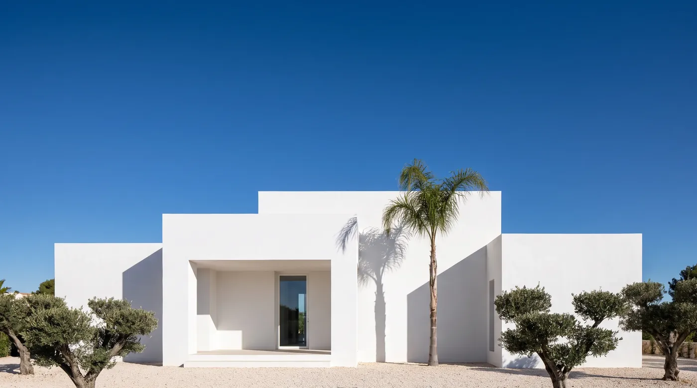 Villa mediterránea encalada con una palmera en la Costa Blanca