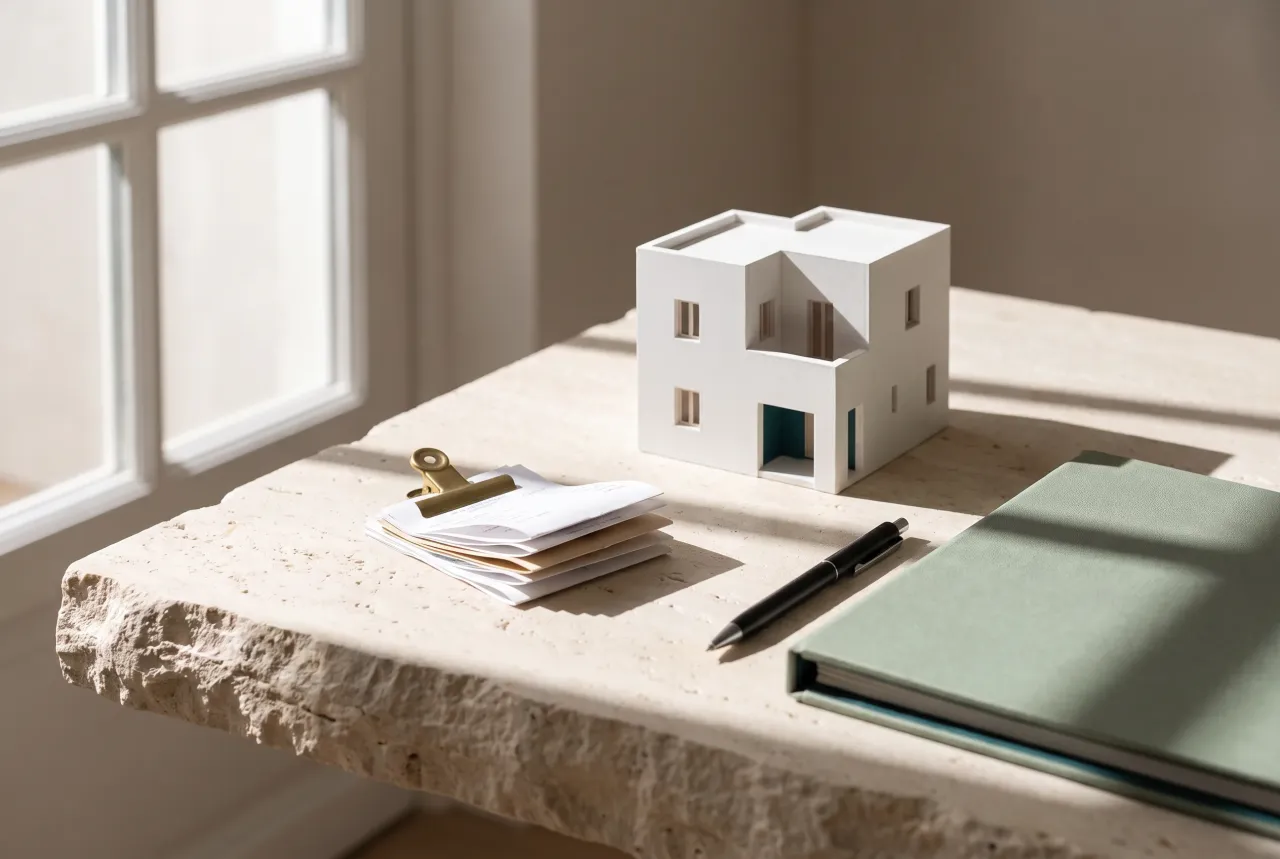 Maqueta de una casa sobre una mesa de piedra junto a una carpeta